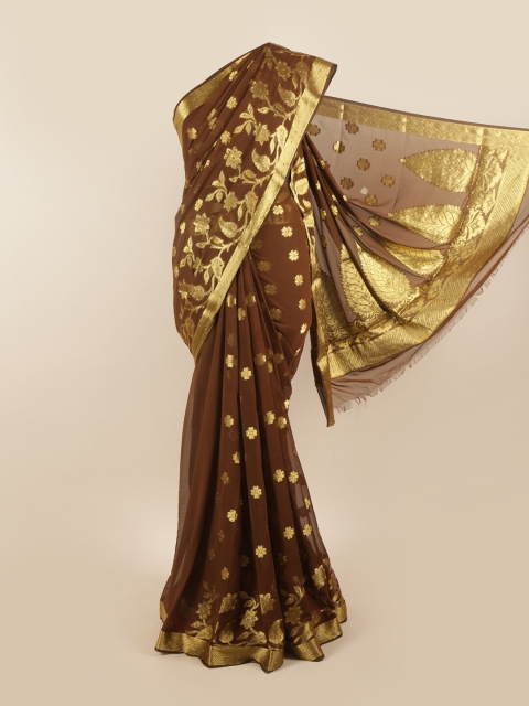 

Pothys Brown & Gold Floral Woven Design Beads & Stones Saree