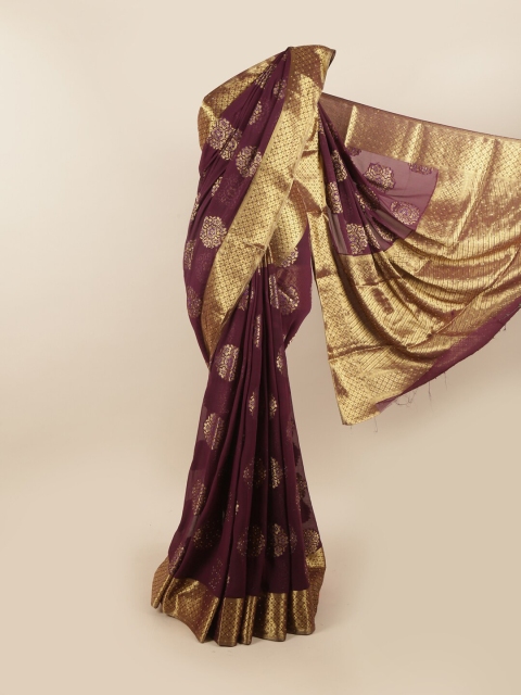 

Pothys Burgundy & Gold-Toned Floral Embroidered Pure Georgette Saree