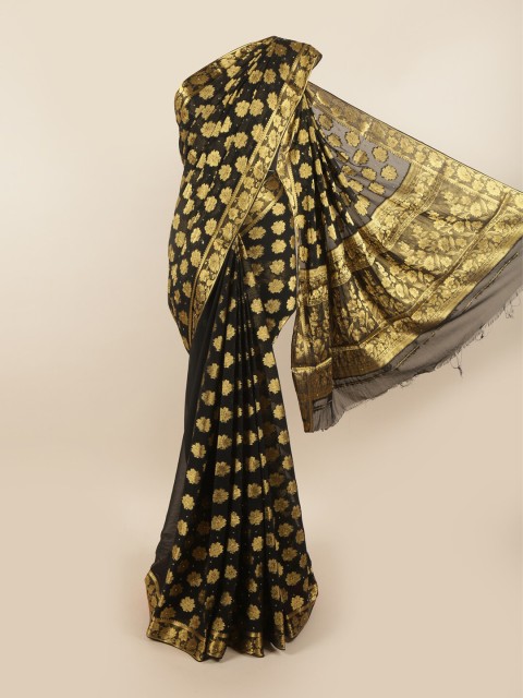 

Pothys Black & Gold-Toned Floral Pure Georgette Saree