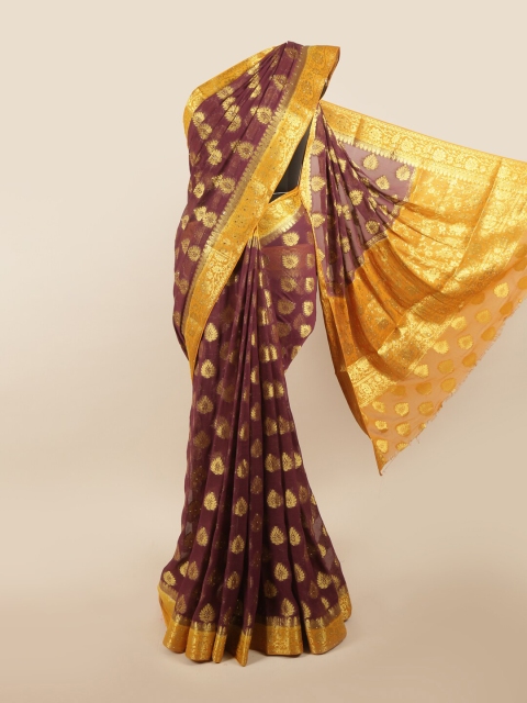 

Pothys Maroon & Gold-Toned Ethnic Motifs Sequinned Pure Georgette Saree