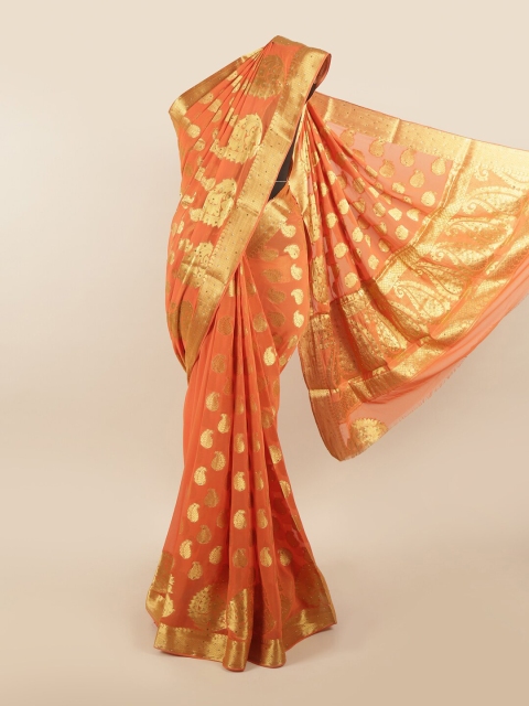 

Pothys Peach-Coloured & Gold-Toned Woven Design Zari Pure Georgette Saree