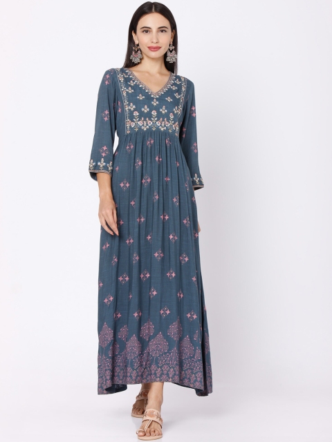 

Ojas Designs Grey Ethnic Motifs Printed Maxi Dress