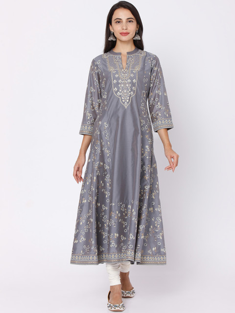 

Ojas Designs Grey & White Ethnic Motifs Maxi Silk Dress
