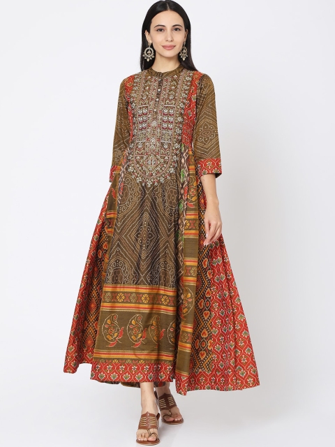 

Ojas Designs Olive Green & Red Ethnic Motifs Ethnic Maxi Dress