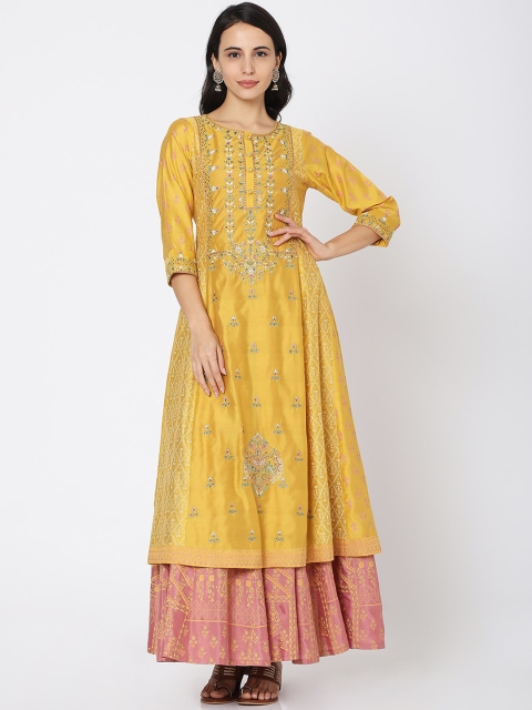

Ojas Designs Mustard Yellow Ethnic Motifs Maxi Dress