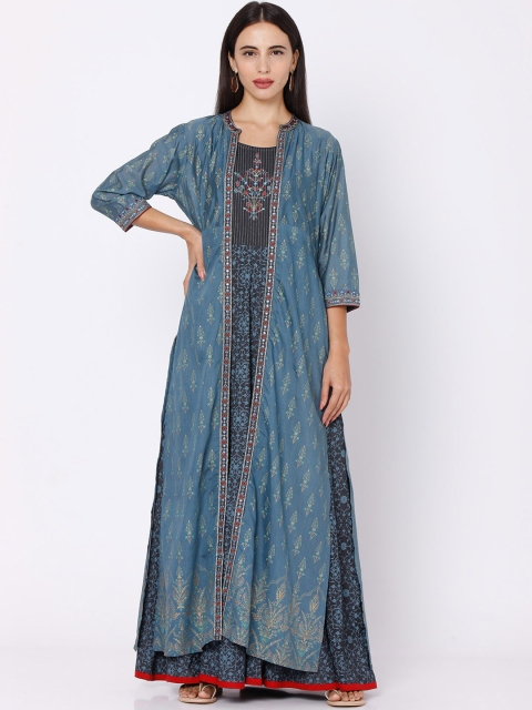 

Ojas Designs Blue Ethnic Motifs Maxi Chanderi Silk Dress