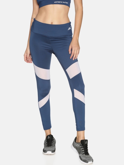 

AESTHETIC NATION Women Blue & White Colorblocked Solid Oppress Mesh Leggings