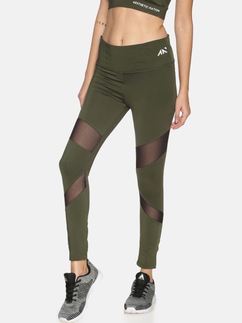 

AESTHETIC NATION Women Olive Mesh Training or Gym Tights