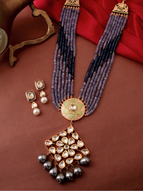 

THE AAB STUDIO 24K Gold-Plated Grey & White Kundan-Studded Meenakari Jewellery Set