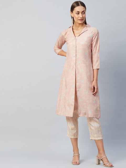 

Athena Women Peach-Coloured Layered Floral Pure Silk Kurti with Trousers