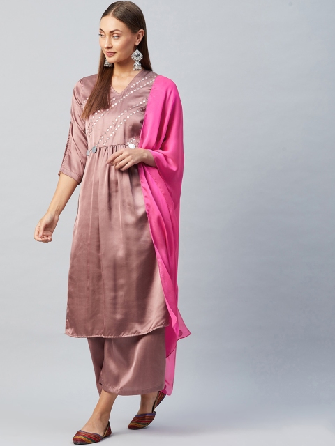 

Athena Women Brown Yoke Design Pleated Mirror Work Kurta with Palazzos & With Dupatta