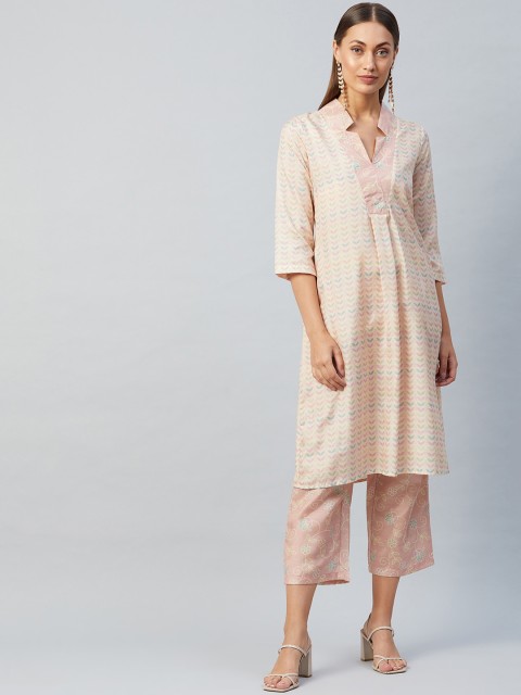 

Athena Women Peach-Coloured Floral Printed Regular Pure Silk Kurta with Trousers