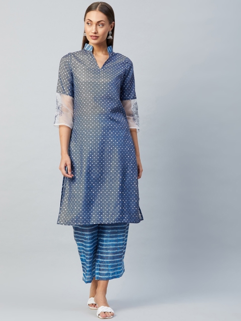 

Athena Women Blue Pleated Pure Silk Tie and Dye Kurti with Trousers