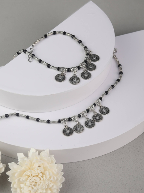 

Priyaasi Set Of 2 Oxidised Black & Silver-Plated Beaded Anklets