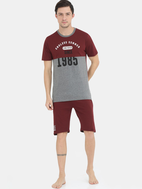 

Masculino Latino Men Maroon & Grey Printed Night suit