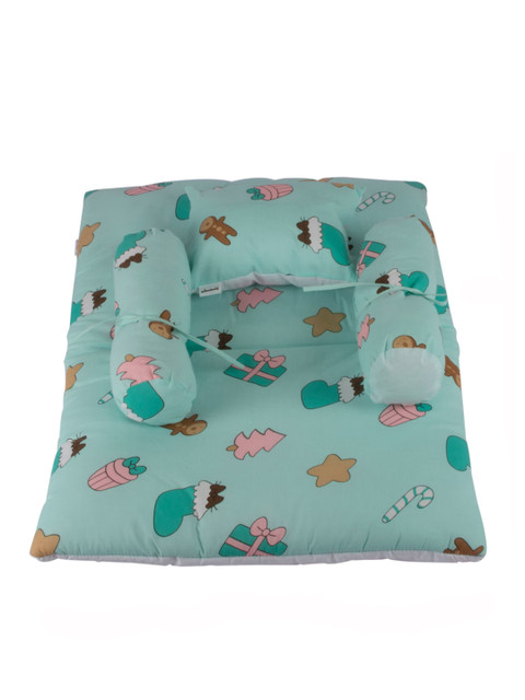 

mittenbooty Unisex Kids Green Cotton Bed With Soft Rectangular Pillow And 2 Bolsters
