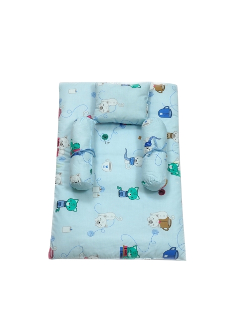 

mittenbooty Baby Bed with soft rectangular pillow and 2 bolstars kitty print, Blue