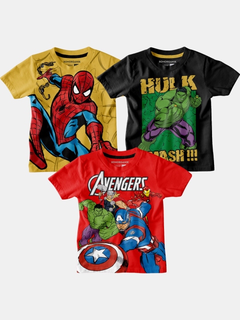 

BonOrganik Boys Pack of 3 Avengers Printed T-shirts, Yellow