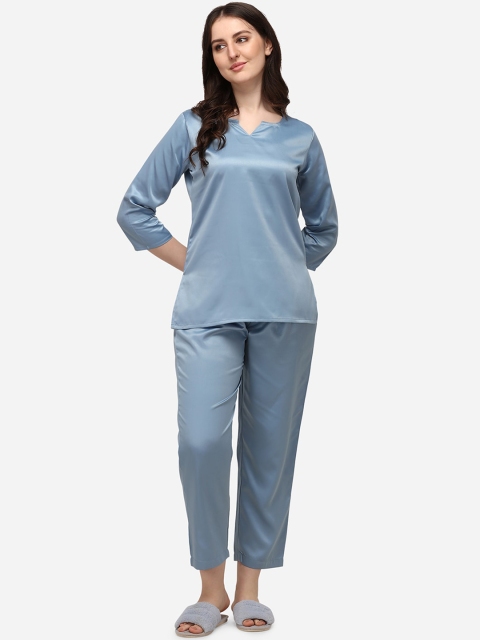 Smarty Pants Women Grey Solid Satin Night suit