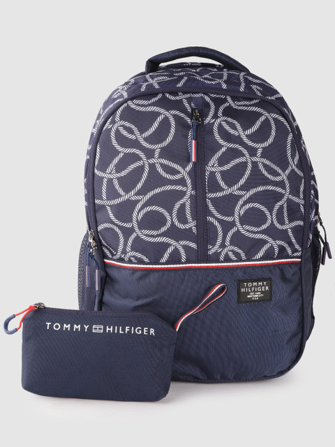 

Tommy Hilfiger Unisex Navy Blue & White Printed Backpack with Rain Cover & Pouch 44L
