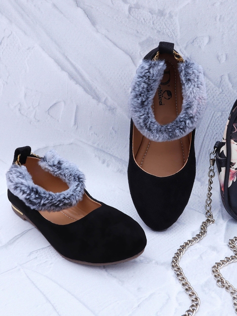 

DChica Girls Black Solid Ballerinas Flats with Fur Ankle Loop