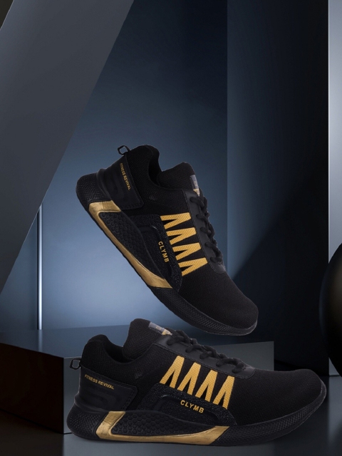 

CLYMB Men Black & Gold-Coloured Mesh Running Shoes