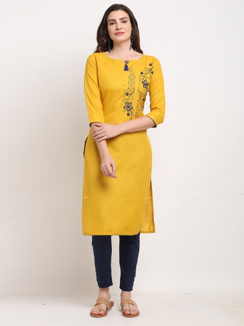 

Rajnandini Women Yellow & Blue Floral Embroidered Pure Cotton Kurta