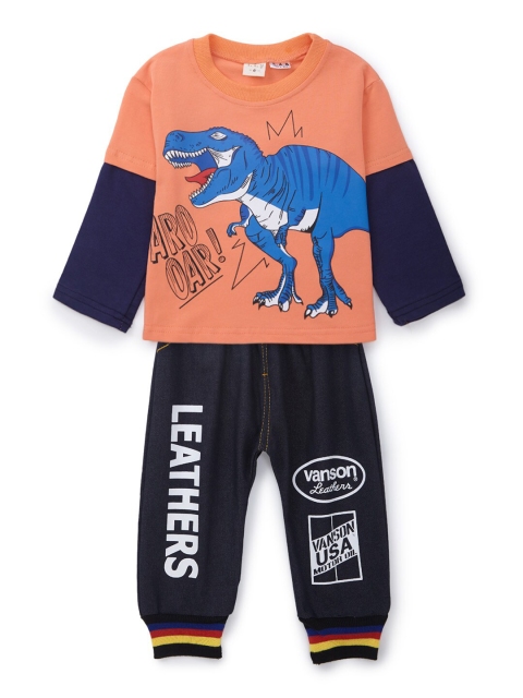 

SteezMe Boys Orange & Navy Blue Printed T-shirt with Pyjamas