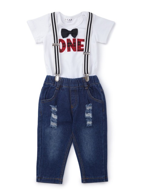 

SteezMe Kids White & Blue Bodysuit with Trousers & Suspender