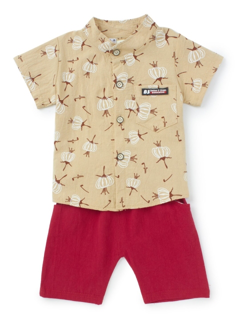 

SteezMe Boys Beige & Red Printed Shirt with Shorts