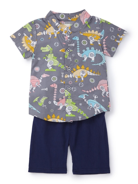 

SteezMe Boys Grey & Navy Blue Printed Shirt with Shorts