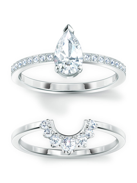 

SWAROVSKI Set Of 2 White & Rhodium-Plated Pearl Cut Crystal Studded Attractive Finger Ring