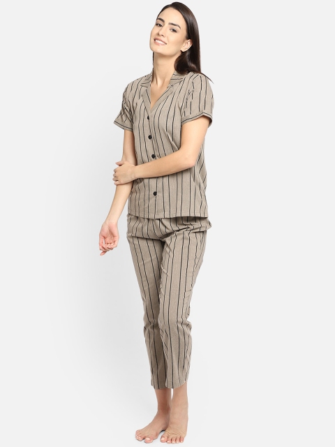 

Fbella Women Taupe & Black 2 Pc Striped Night Suit