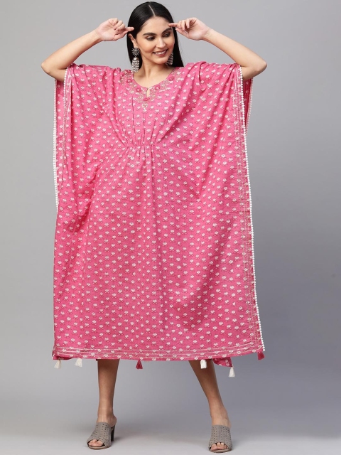 

FASHOR Pink & White Ethnic Motifs Printed Tie-Up Kaftan Cotton Midi Dress