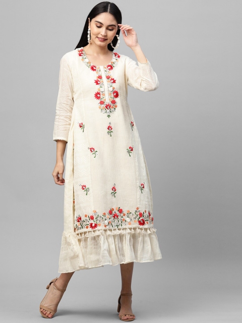 

FASHOR Off White Floral Layered Ethnic A-Line Midi Dress