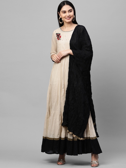

FASHOR Beige & Black Floral Embroidered Ethnic A-Line Dress With Dupatta