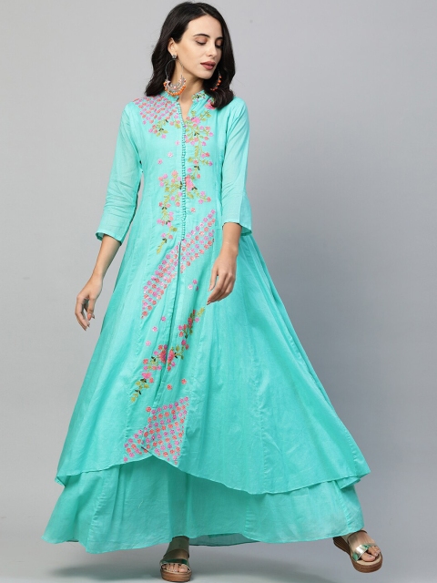 

FASHOR Turquoise Blue Floral Embroidered Layered Maxi Dress