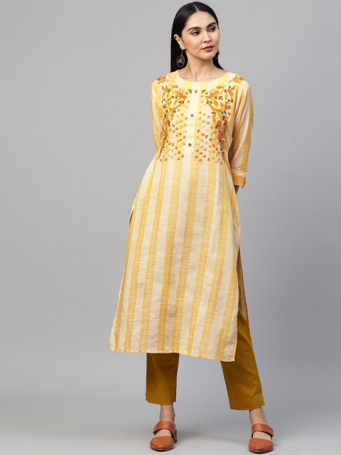 

FASHOR Women Yellow & White Striped Thread Work Kurta