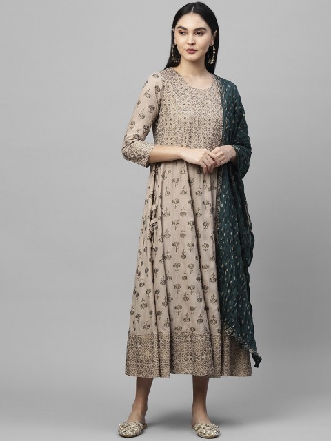 

FASHOR Beige Ethnic Motifs Chiffon Ethnic A-Line Dress