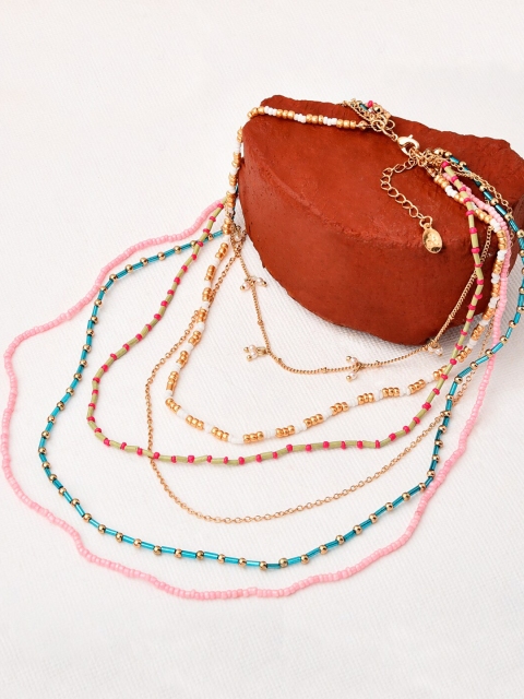 

Accessorize Gold-Toned & Pink 6 X Seedbead Layered Necklace