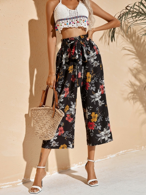 

GRACE & JACK Women Black Floral Printed Loose Fit Pleated Peg Trousers