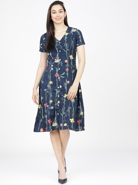

Tokyo Talkies Navy Blue Floral A-Line Dress