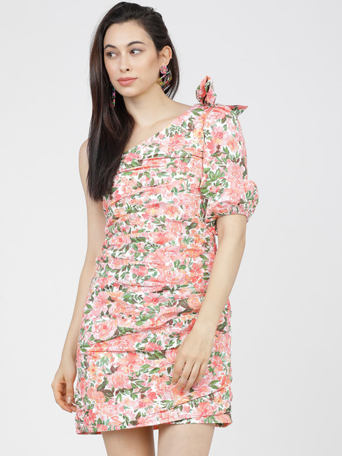 

Tokyo Talkies Pink & Green Floral One Shoulder Blouson Mini Dress