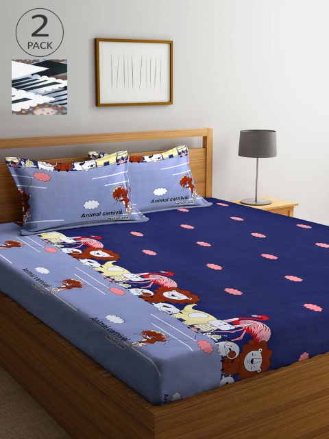 

Arrabi Blue & Brown Cartoon Characters 300 TC 2 King Bedsheet with 4 Pillow Covers