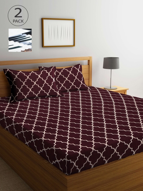

Arrabi Set Of 2 Maroon & Green Ethnic Motifs 300 TC King Bedsheet With 4 Pillow Covers