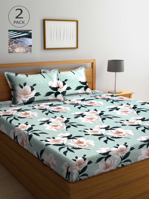 

Arrabi Green & Off White Floral 300 TC 2 King Bedsheet with 4 Pillow Covers
