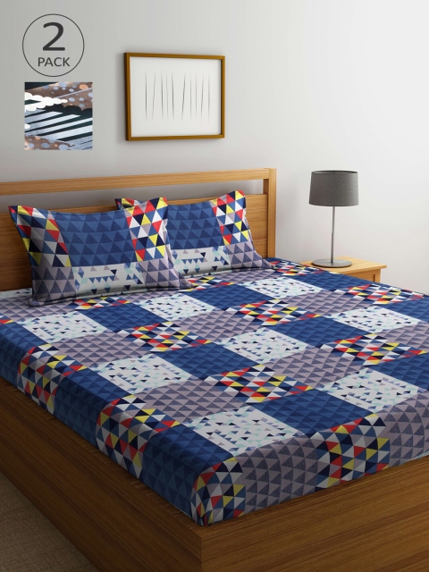 

Arrabi Set Of 2 Blue & Red Geometric 300 TC King Bedsheet With 4 Pillow Covers