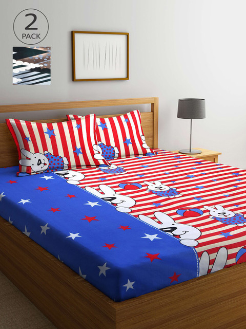 

Arrabi Kids Set of 2 Multi Cartoon Characters Double Bedsheet with Pillow Covers, Grey