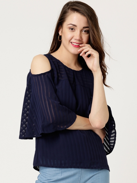 

Marie Claire Women Navy Self-Striped Cold Shoulder Top, Navy blue