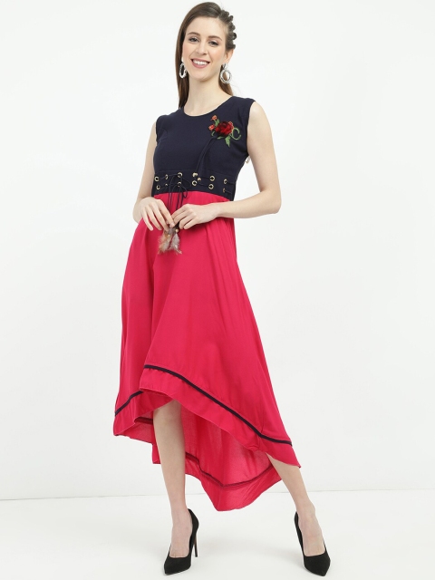 

V2 Value & Variety Pink & Navy Blue Colourblocked A-Line Midi Dress